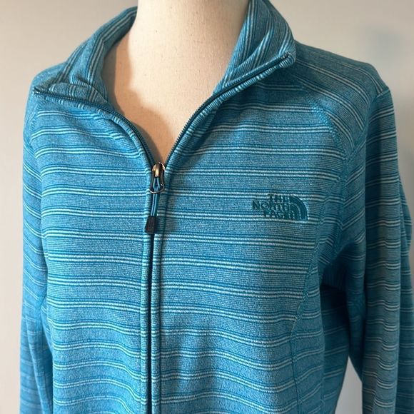 The North Face Women's Size L Teal Full Zip Blue Striped Fleece Polartec Fleece - Picture 2 of 9